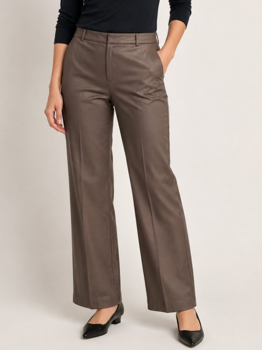 RD Style Faux Leather Wide Leg Pants Small Petite Brown Taupe
